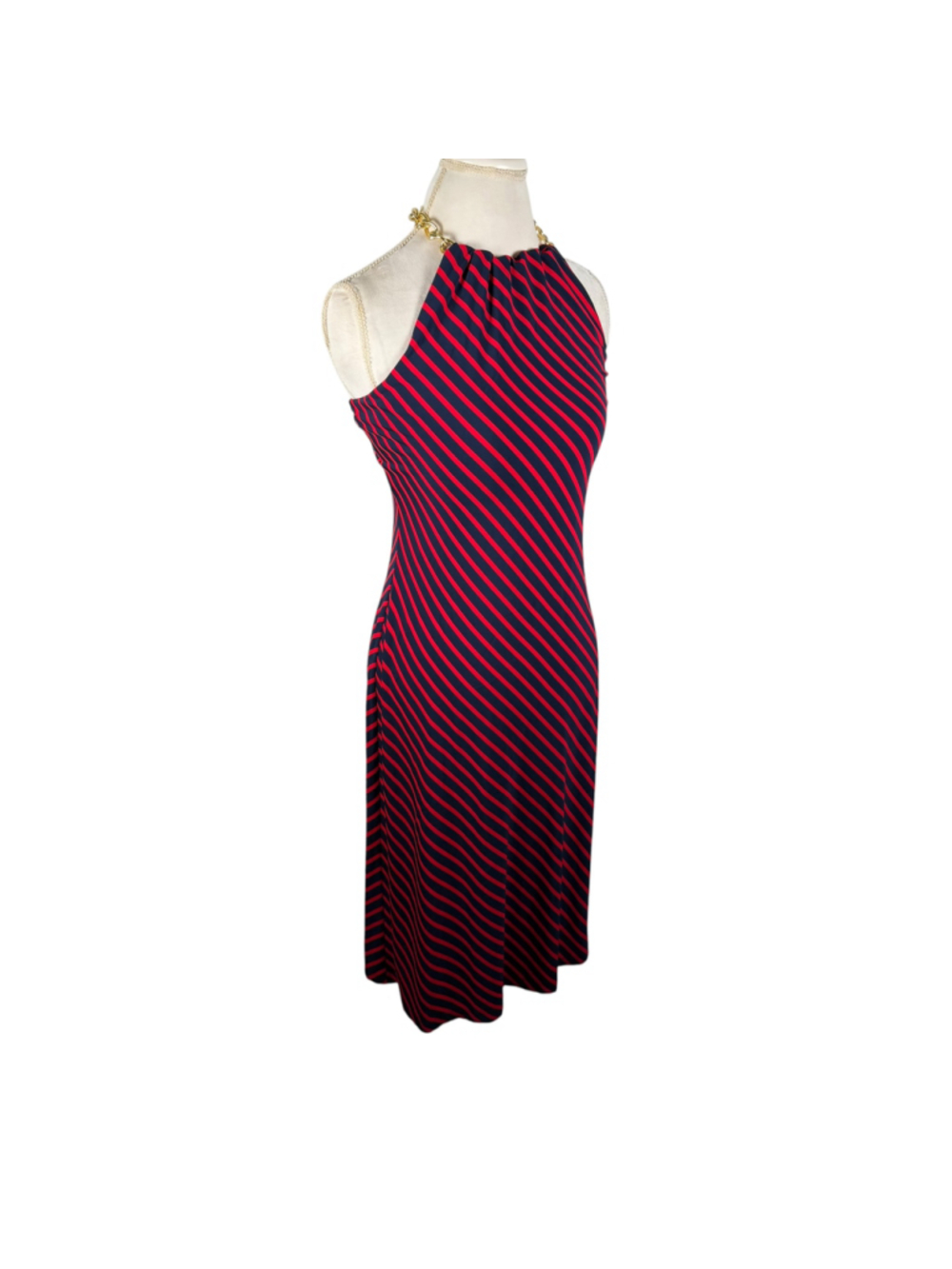 Ralph Lauren Stripe Halter Dress Navy Red Gold Chain Preppy Cocktail Maxi Size 6 - Picture 8 of 9